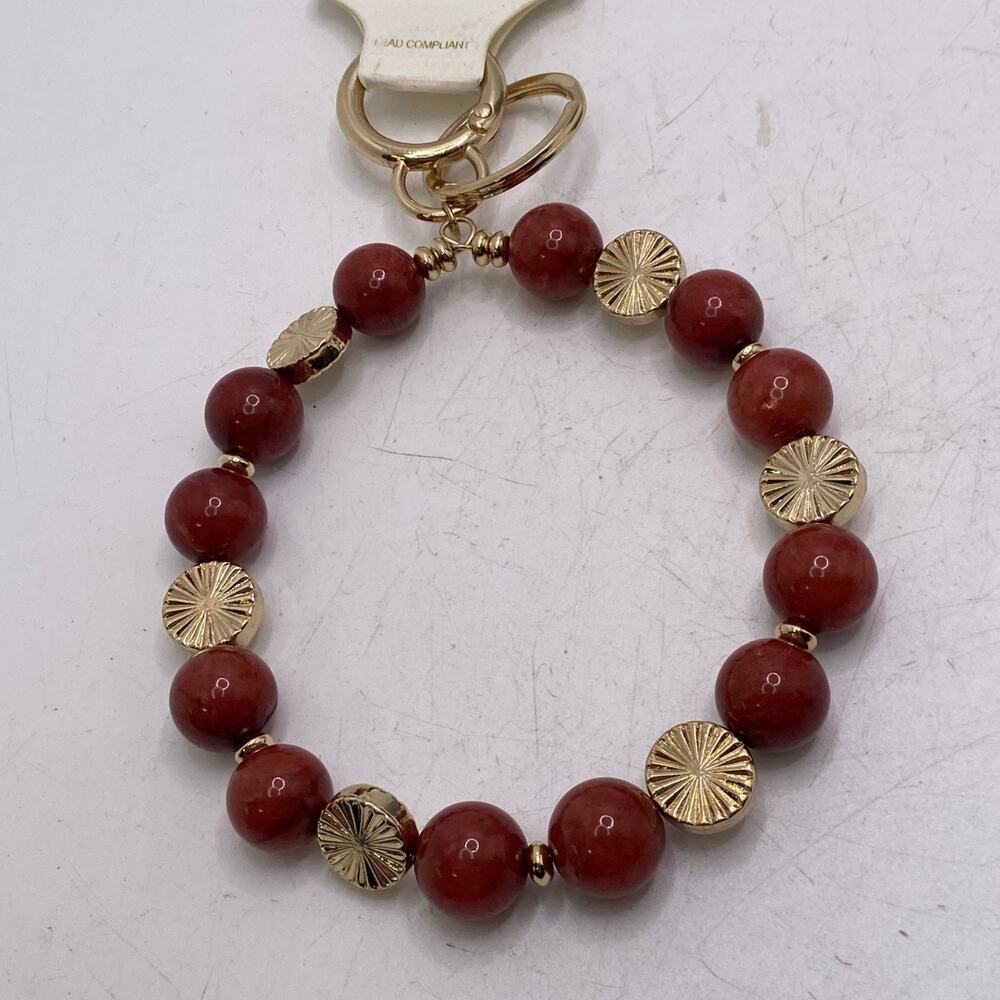 Womens Red Semi Precious Gem Bracelet Keychain Gold Red